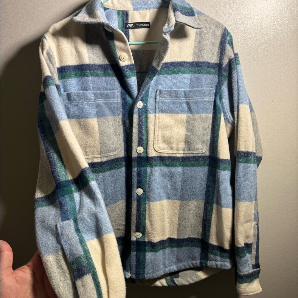 Zara Cream and Blue Checkered Shirt